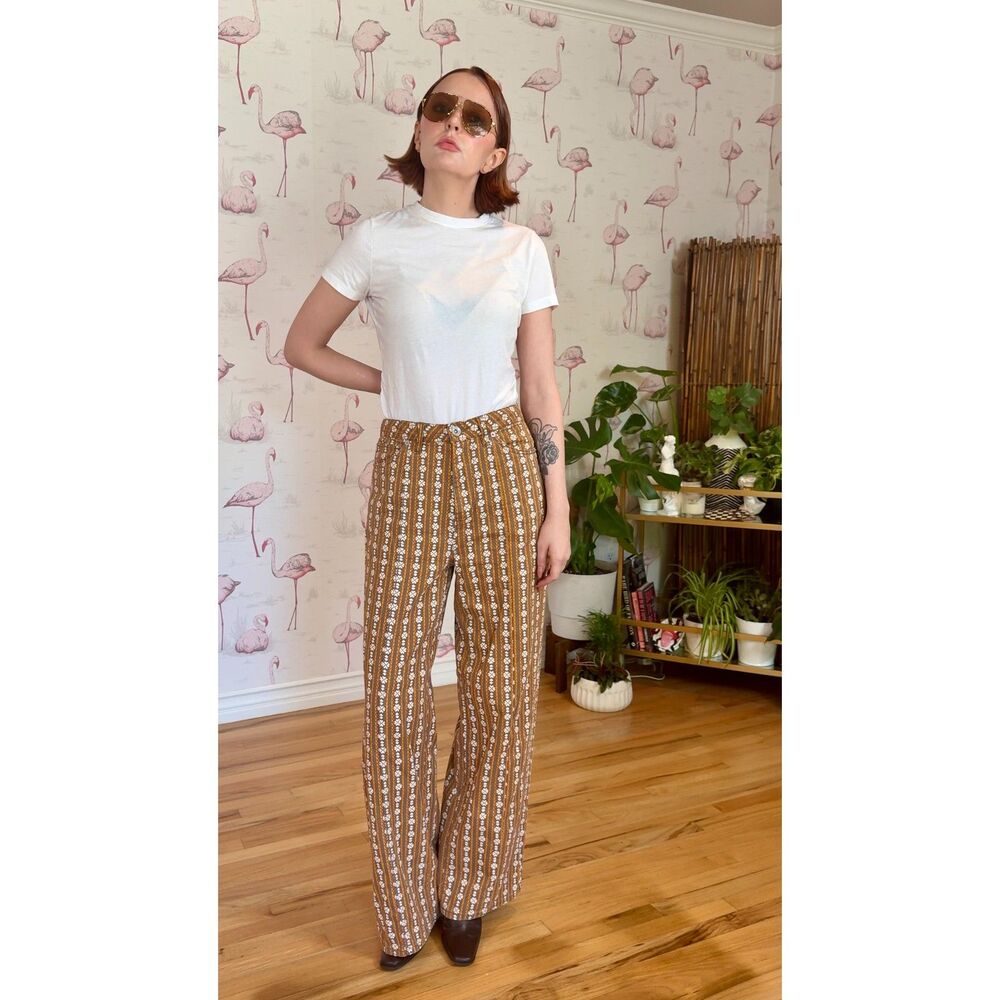 Vintage Daisy Print Yellow and Brown Wide Leg Floral Pant Size 8 - Picture 3 of 10